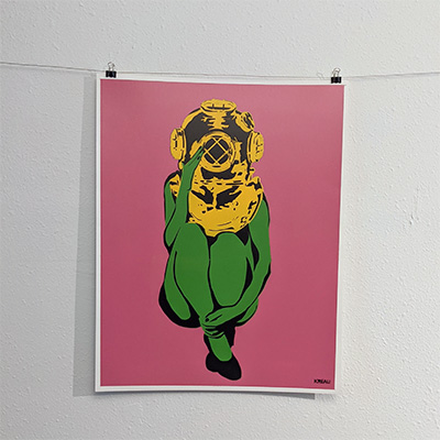 stencil painting woman in a vintage diving helmet